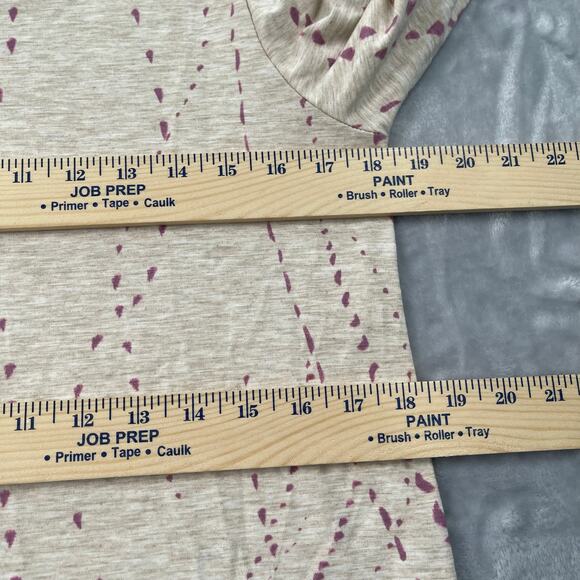 Democracy Top Womens Small Heather Tan Purple Abstract Print Ruched Sleeve - Picture 7 of 16